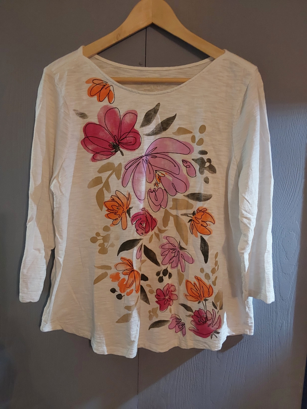 Chico's White Long-Sleeve Top with Pink & Orange Floral Print